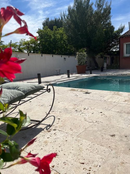 Piscine au sel entourée de fleurs rouges en Provence – Villa Jeff