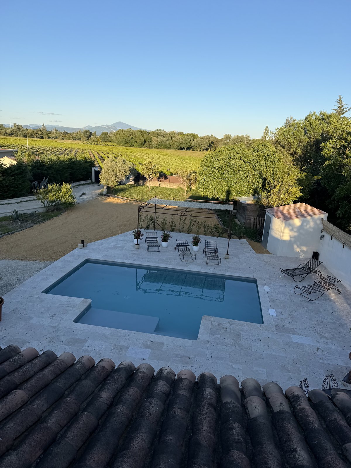 Vue aérienne piscine avec vignes et Mont Ventoux – Villa Jeff
