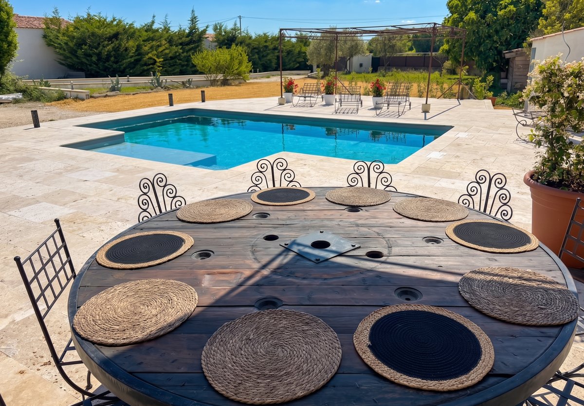Table en bois avec sets de table, terrasse travertin et piscine bleue – Villa Jeff